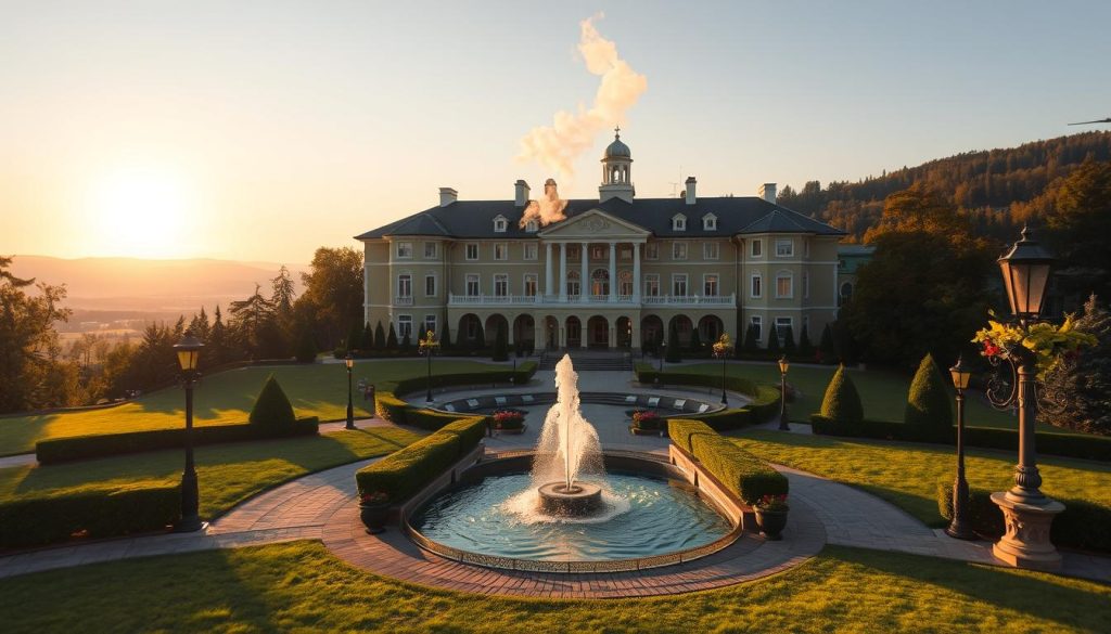 A serene and inviting "банный комплекс" nestled in a lush, verdant landscape. The grand, Russian-style building stands majestically, its ornate façade reflecting the warm glow of the afternoon sun. Steaming plumes rise from the rooftop, hinting at the relaxing experiences within. The foreground features an ornamental pond with a gently cascading fountain, surrounded by carefully pruned shrubbery. In the middle ground, a paved walkway leads towards the entrance, flanked by ornate lampposts and potted plants. The background showcases a panoramic view of rolling hills and distant forests, creating a peaceful, natural ambiance. The overall scene conveys a sense of luxury, tranquility, and the perfect retreat for weary souls seeking rejuvenation.