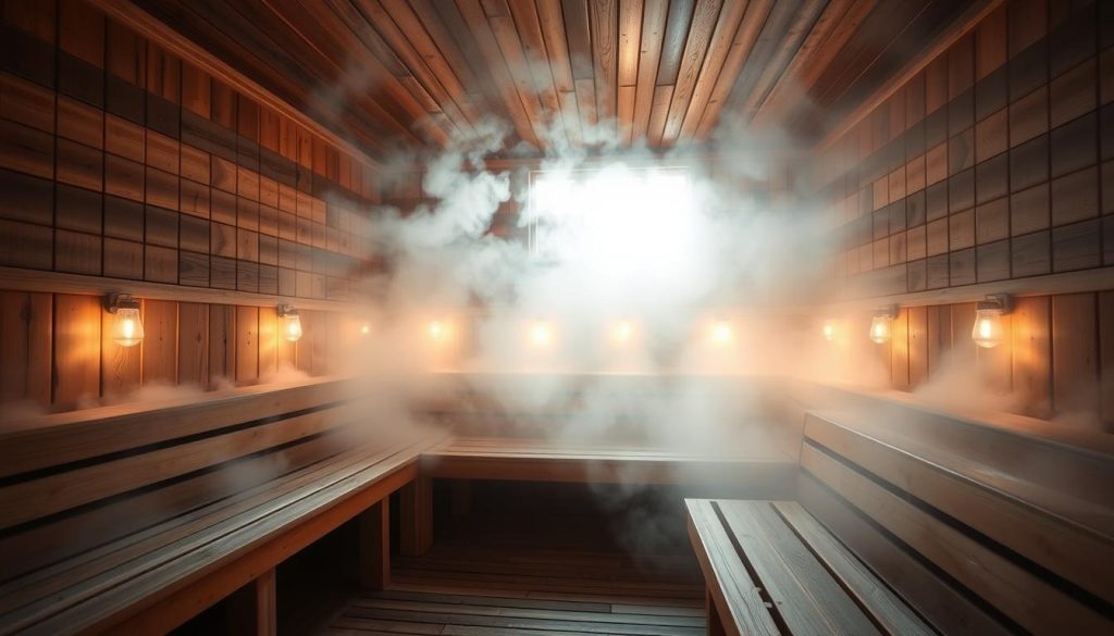 A serene and inviting steam room in a traditional Russian banya, with wooden benches and walls, radiating warmth and a sense of wellness. Soft lighting filters through the steam, creating a soothing, meditative atmosphere. The room is spacious, allowing for a comfortable and immersive experience. The air is infused with the aromatic scent of birch branches, enhancing the restorative properties of the steam. A tranquil and rejuvenating scene, capturing the essence of the banya's holistic benefits for health and beauty.