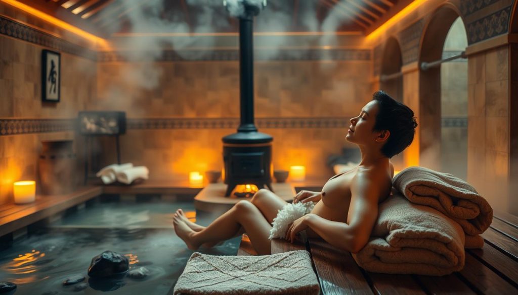 A serene and tranquil bathhouse interior, with warm lighting softly illuminating the steam-filled space. In the foreground, a person relaxes on a wooden bench, their face reflecting a sense of calm and rejuvenation. Surrounding them, plush towels and natural elements like river stones create a cozy, spa-like atmosphere. In the middle ground, a traditional wood-fired stove radiates heat, while the background features intricate tile work and archways, hinting at the cultural heritage of the bathhouse. The overall scene conveys the psychological benefits of the bathing experience, evoking feelings of relaxation, introspection, and personal well-being.