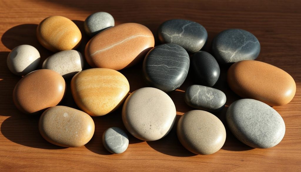 A serene arrangement of smooth, naturally polished massage stones resting on a wooden surface. The stones are in various earthy tones, ranging from warm browns to cool grays, with subtle veining and natural textures that capture the essence of their origins. Soft, diffused lighting casts gentle shadows, highlighting the stones' organic forms and creating a calming, spa-like atmosphere. The composition is balanced and visually pleasing, inviting the viewer to imagine the soothing and therapeutic properties of these natural wonders.
