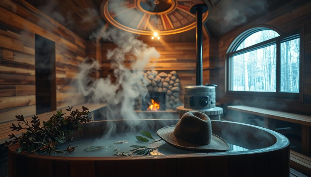 A serene bath house interior, soft lighting filtering through steam-filled air. In the foreground, a wooden tub filled with fragrant herbal infusions, steam rising gently. Beside it, a selection of traditional Russian banya accessories - oak branches, birch leaves, and a felt hat. In the middle ground, a stone masonry stove, its embers glowing. The background reveals an ornate domed ceiling, wooden benches lining the walls, and a panoramic window offering a glimpse of a tranquil birch forest beyond. The mood is one of relaxation, rejuvenation, and the restorative power of ancient bathing rituals.