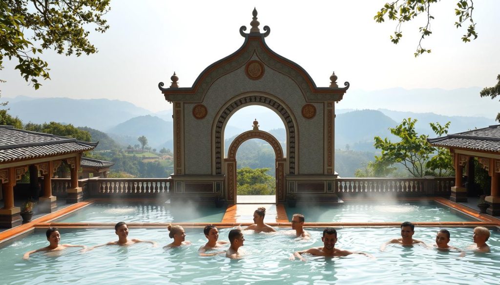 A serene bathhouse nestled amidst a lush, verdant landscape, its steaming mineral-rich waters glimmering under soft, diffused natural lighting. The ornate, traditional architecture reflects the rich cultural heritage, while the tranquil atmosphere invites visitors to unwind and rejuvenate. In the foreground, a cluster of bathers relax in the therapeutic waters, their faces radiating contentment. The middle ground features an elegant, arched entryway leading to the bathing chambers, surrounded by intricate tiled patterns and ornamental details. In the background, rolling hills and a hazy, azure sky create a picturesque, calming backdrop, evoking a sense of timelessness and the restorative power of nature.