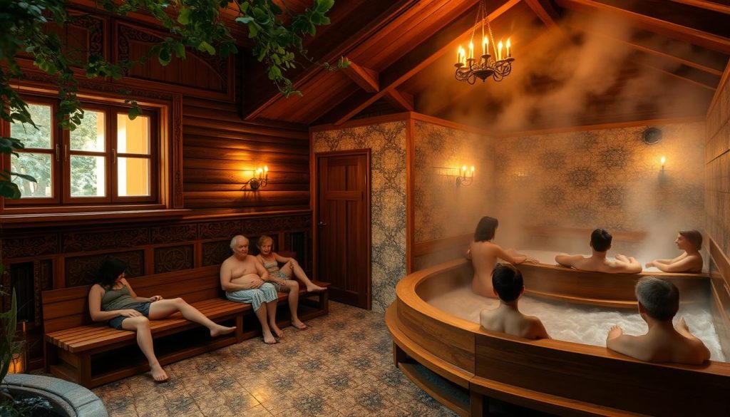 A serene bathhouse nestled in a lush, verdant landscape. The exterior features a traditional Slavic architectural style, with intricate wooden carvings adorning the facade. Soft, warm lighting emanates from the windows, creating a welcoming ambiance. Inside, the scene depicts a spacious, steamy interior, with ornate tiled floors and walls. Individuals of all ages are immersed in the relaxing atmosphere, some lounging on wooden benches, others enjoying the therapeutic effects of the sauna. The image conveys a sense of tranquility, wellness, and the rejuvenating benefits of this cultural tradition.