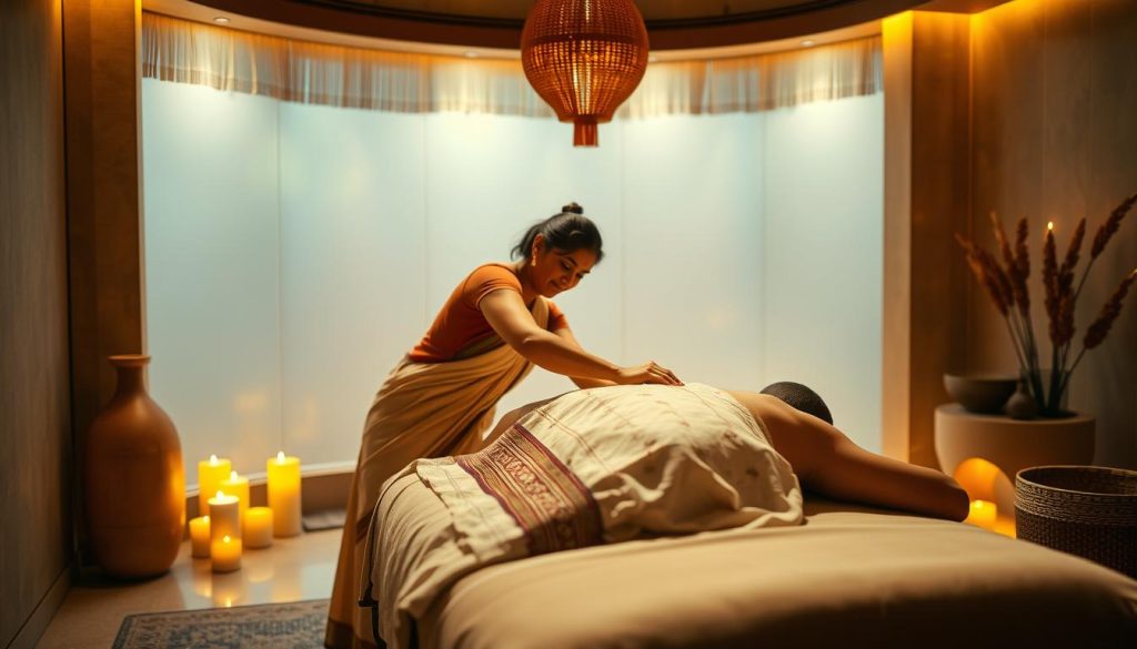 A serene, dimly lit aṣṭāṅga massage parlor in an ayyurvedic spa. The masseuse, clad in traditional Indian attire, kneads the client's back with long, flowing strokes using warm, fragrant oils. Soft, ambient lighting casts a golden glow, while the sound of soothing chants and trickling water creates a tranquil atmosphere. The scene evokes a sense of holistic well-being and deep relaxation, reflecting the restorative nature of specialized Ayurvedic massage treatments.