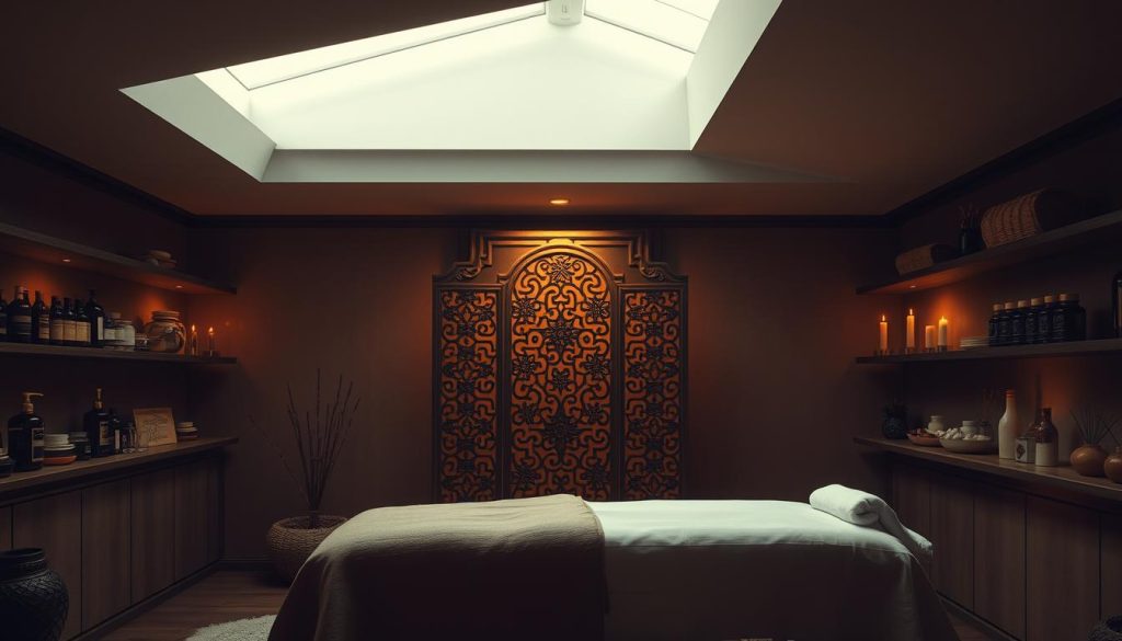 A serene, dimly lit interior of an Ayurvedic spa treatment room. In the foreground, a massage table draped with soft, natural fabrics is positioned beneath a skylight, allowing soft, diffused sunlight to filter in. In the middle ground, an ornate, carved wooden screen separates the room, creating a sense of privacy and intimacy. Along the walls, shelves display various Ayurvedic oils, herbs, and incense, emitting a soothing, earthy aroma. The room is bathed in a warm, amber-toned lighting, creating a calming, rejuvenating atmosphere. The overall impression is one of tranquility, harmony, and personalized wellness.
