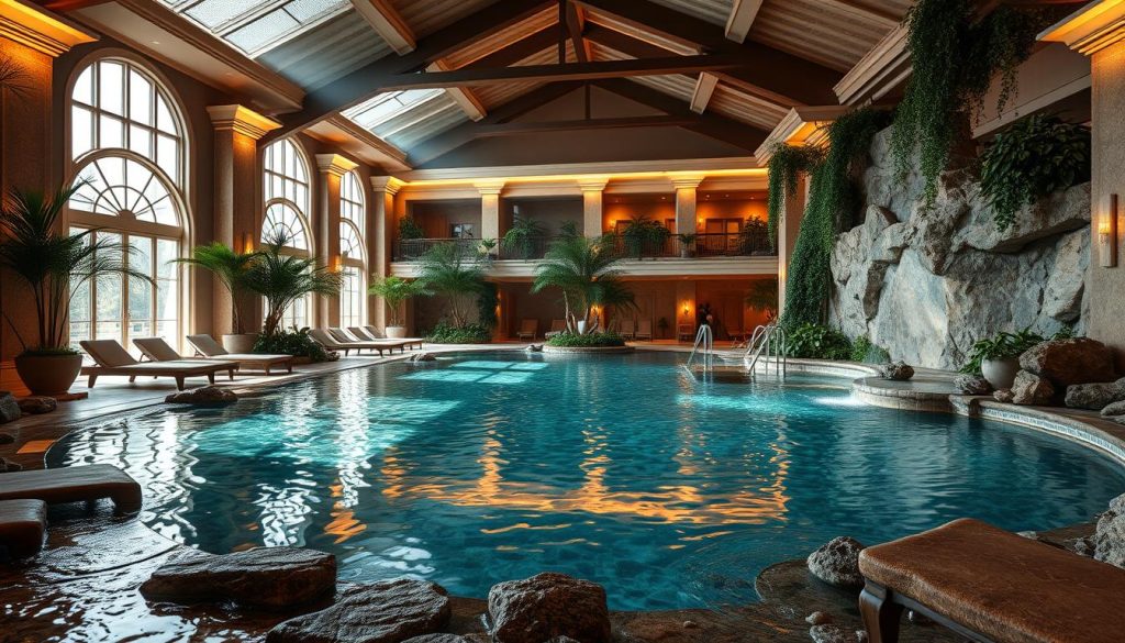 A serene indoor aquatic oasis, with a tranquil pool surrounded by lush greenery and natural stone features. Soft, diffused lighting casts a warm, relaxing glow, creating an immersive atmosphere. Elegant architectural details, such as high ceilings and large windows, allow natural light to filter in, blending seamlessly with the man-made elements. Plush lounge chairs and soothing water features invite visitors to unwind and indulge in the ultimate spa-like experience. The overall ambiance evokes a harmonious fusion of nature and modern design, transporting the viewer to a luxurious, rejuvenating "aqua zone" within a Ukrainian bathhouse.