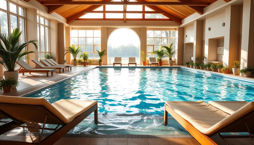 A serene indoor pool nestled within a luxurious resort in the heart of Ukraine. The crystal-clear water glistens under the warm, natural lighting filtering through the large windows, creating a tranquil atmosphere. Plush lounge chairs line the perimeter, inviting guests to recline and bask in the soothing ambiance. Lush greenery and potted plants adorn the space, blending the indoors with the outdoors. Soft, neutral tones throughout the design evoke a sense of relaxation and rejuvenation. The pool's gentle waves gently lap against the edges, beckoning visitors to immerse themselves in the therapeutic waters and experience the holistic benefits of hydrotherapy.