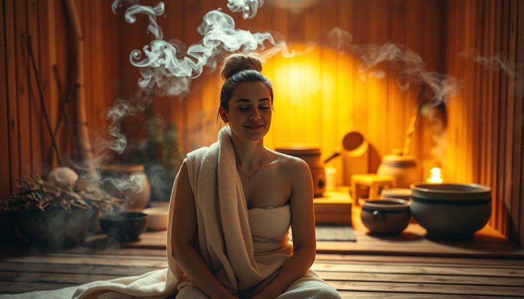 A serene, intimate scene of a sauna ritual unfolds. In the foreground, a person sits peacefully, wrapped in a soft towel, their face aglow with tranquility. Wisps of fragrant steam curl around them, creating an almost ethereal atmosphere. In the middle ground, an array of natural elements - birch branches, water bowls, and a central stove - suggest the traditional rituals of the sauna. The background is bathed in a warm, amber light, evoking the cozy, cocoon-like environment. The entire composition conveys a sense of relaxation, rejuvenation, and a profound connection to the self and nature.
