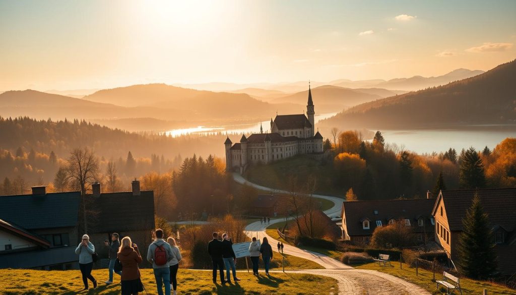 A serene landscape unfolds, showcasing the natural beauty of Ukraine. In the foreground, a group of tourists explore a picturesque village, admiring the quaint architecture and vibrant colors of the local buildings. The middle ground features a winding road leading to a majestic castle, its turrets and spires rising against the backdrop of rolling hills and lush forests. Warm, golden sunlight filters through the scene, creating a sense of tranquility and exploration. In the distance, a serene lake reflects the surrounding scenery, inviting visitors to bask in the calm atmosphere. The overall composition evokes a sense of wonder and adventure, perfectly capturing the essence of an "экскурсионные туры по украине" experience. Реалистичные фото. 7fishing.com.ua.