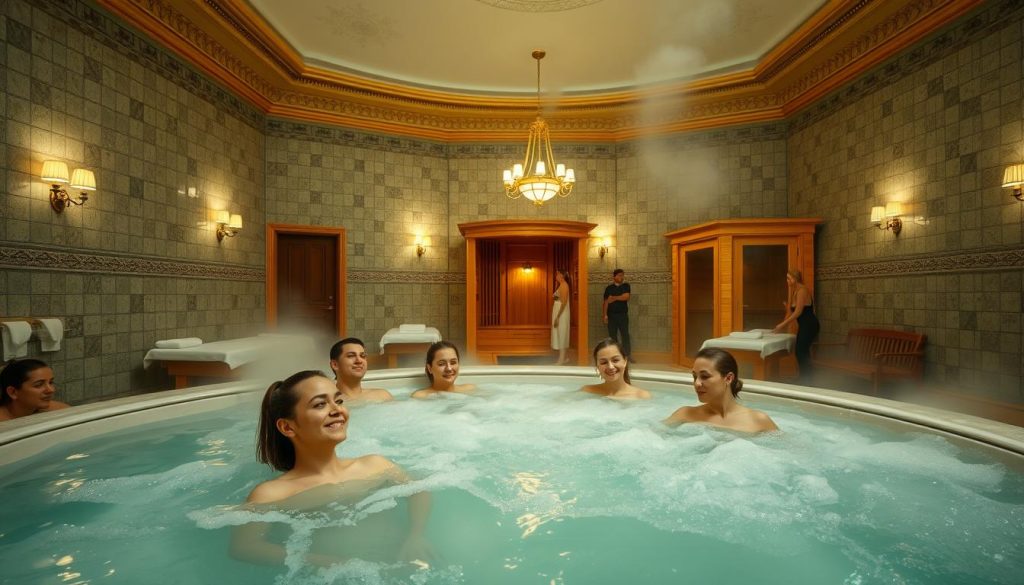 A serene, luxurious bathhouse interior with high ceilings, ornate tiled walls, and warm lighting. In the foreground, a group of people relaxing in a steaming mineral-rich lemon-infused hot tub, their faces flushed with contentment. The middle ground features massage tables where attendants perform soothing therapeutic treatments, while in the background, a traditional Russian wood-fired sauna emits fragrant steam. The atmosphere is one of tranquility and wellness, inviting visitors to indulge in a holistic rejuvenation experience.