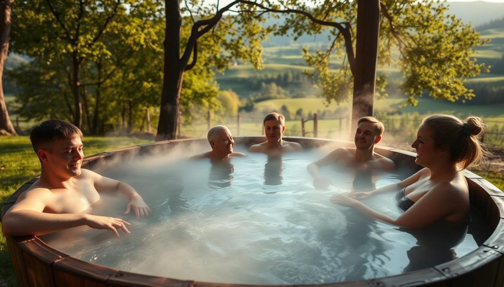 A serene outdoor scene of a group of people relaxing in a traditional wooden tub, or "chan", set against a backdrop of lush, verdant Ukrainian countryside. The tub is filled with steaming water, creating a misty, atmospheric effect. The bathers are enjoying the therapeutic soak, their expressions reflecting a sense of tranquility and rejuvenation. Soft, natural lighting filters through the surrounding trees, casting a warm, golden glow over the scene. In the distance, rolling hills and a picturesque rural landscape complete the idyllic, peaceful setting, inviting the viewer to imagine the calming and restorative experience of a visit to one of Ukraine's finest "chans".