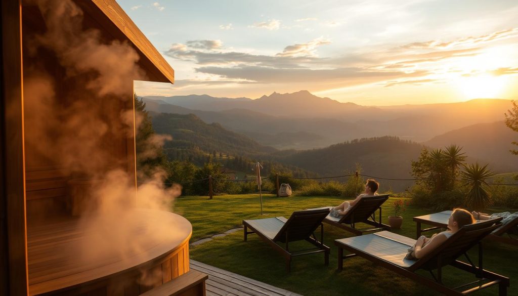 A serene retreat in the Carpathian Mountains, where visitors indulge in revitalizing spa treatments. The foreground features a traditional wooden sauna, its steam billowing gently. In the middle ground, individuals relax on lounge chairs, absorbing the soothing atmosphere. The background showcases the verdant Carpathian landscape, with rolling hills and towering peaks silhouetted against a golden sunset sky. Soft lighting bathes the scene, creating a warm, inviting ambiance. The overall composition conveys a sense of tranquility and rejuvenation, embodying the essence of the article's "Оздоровительные процедуры и их влияние на организм" section.