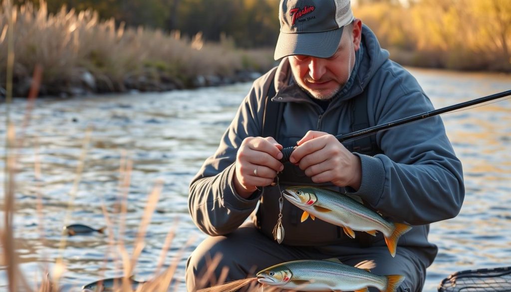 A serene riverside scene, the bank lined with tall grasses and willow trees casting soft shadows. In the foreground, a fisherman meticulously prepares his tackle, carefully inspecting his rod, reel, and an assortment of lures bearing the logo of 7fishing.com.ua. The river flows steadily, its surface reflecting the golden glow of the evening sun, hinting at the presence of mighty salmon just beneath the surface, waiting to be caught. The fisherman's gaze is focused, his expression one of quiet determination, as he readies himself for the challenge of landing the perfect catch.