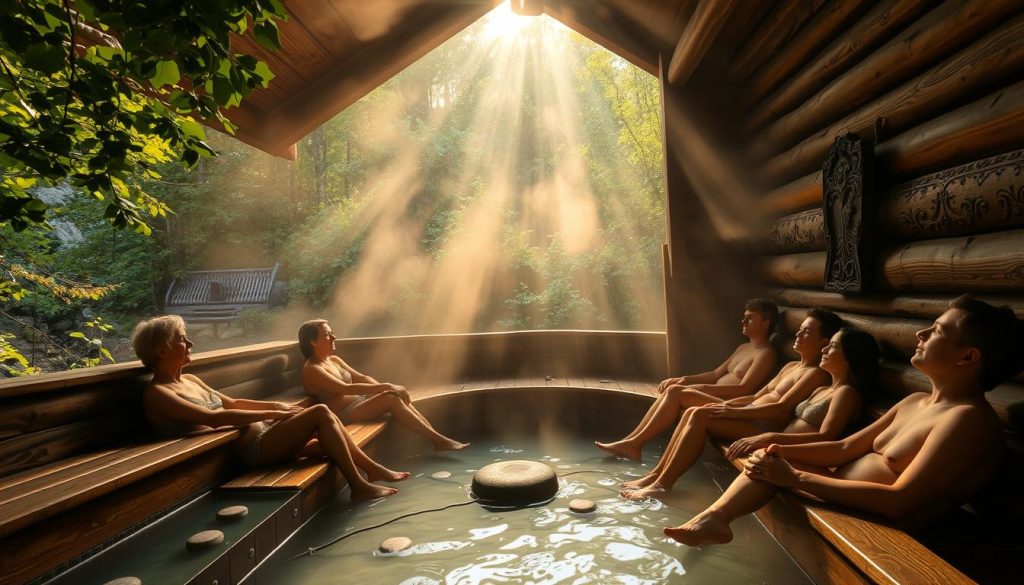 A serene, rustic mountain scene in the Carpathians, with a traditional wooden bathhouse nestled amidst the lush, verdant foliage. Soft, golden light filters through the steam-filled interior, illuminating the intricate wood carvings and heated stones. A group of people relax on the benches, their faces expressing the tranquility and rejuvenation of the experience. The air is infused with the soothing scents of herbs and essential oils, promoting an overall sense of wellness and connection with nature.