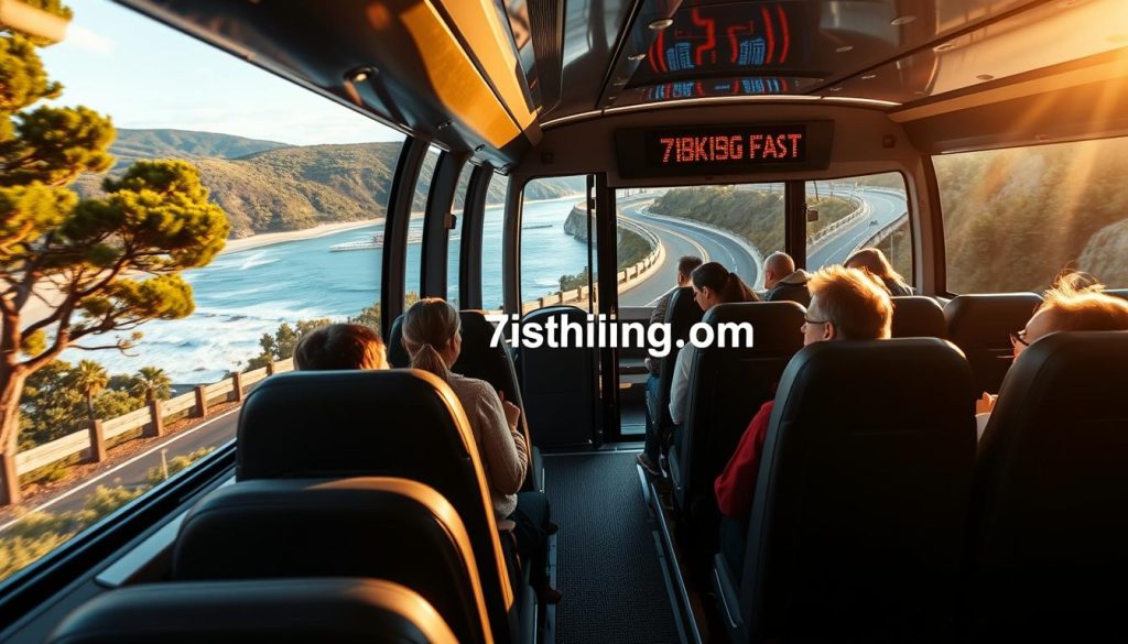 A serene scene of a modern intercity bus embarking on a coastal tour, the 7fishing.com.ua logo prominently displayed. Passengers relax in plush seats, gazing out at the picturesque seaside landscape through large panoramic windows. Warm sunlight filters through, casting a golden glow over the vehicle's sleek, metallic exterior. The bus navigates winding roads flanked by lush foliage, the horizon dotted with tranquil beaches and rolling waves. An atmosphere of comfortable adventure and scenic exploration pervades the image, capturing the allure of a stress-free, carefree bus tour to the seaside.