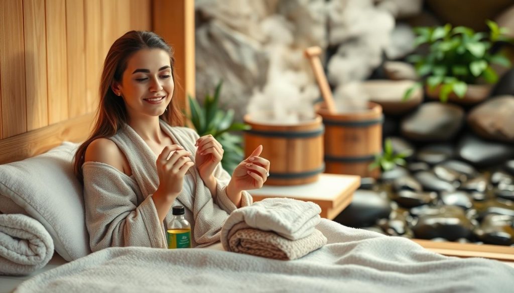 A serene spa-like scene featuring a woman relaxing after a soothing sauna session. In the foreground, she gently massages luxurious facial oils and creams into her glowing, rejuvenated skin. Soft lighting creates a warm, tranquil atmosphere, while plush towels and a cozy robe set the stage for a pampering self-care ritual. In the middle ground, steam rises from a wooden bucket, infusing the air with the therapeutic scents of botanicals. The background depicts a natural, earthy setting with smooth river stones and lush greenery, evoking a sense of balance and holistic wellness.