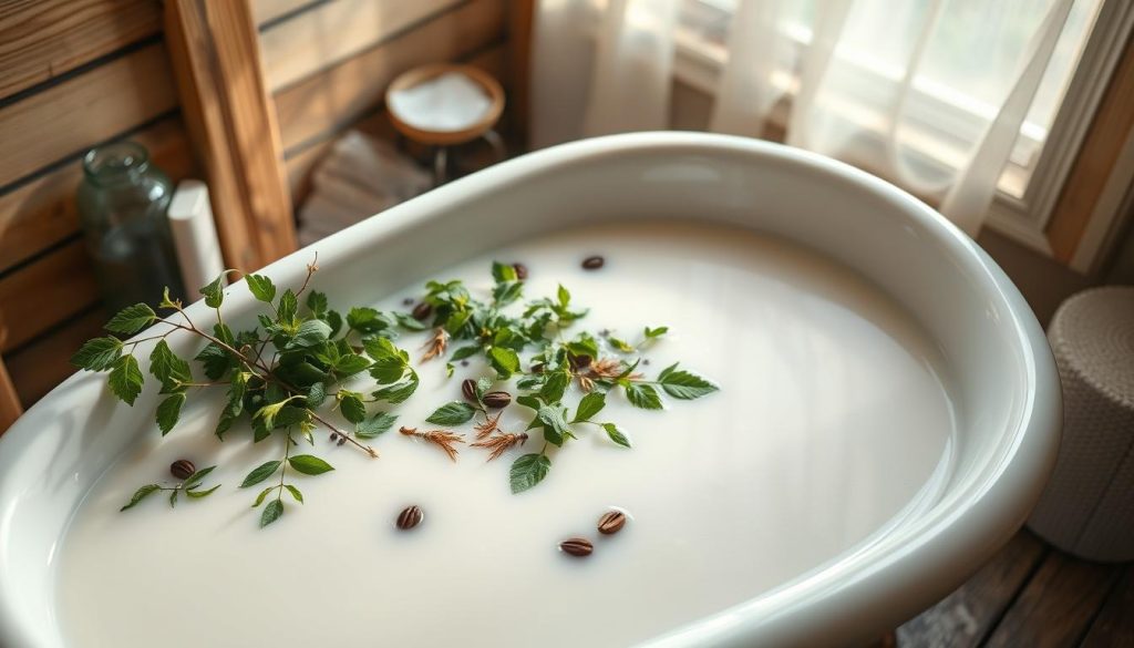 A serene spa-like setting with a spacious clawfoot tub filled with creamy, opulent milk baths. Lush, verdant herbs and aromatic essential oils float on the surface, emitting a soothing, spa-like aroma. Soft, diffused lighting bathes the scene in a warm, calming glow, casting gentle shadows that accentuate the textural elements. The tub is situated in a rustic, cozy space with wooden accents and earthy tones, creating a tranquil, rejuvenating atmosphere perfect for indulgent self-care. The overall scene evokes a sense of relaxation, wellness, and natural therapeutic benefits.
