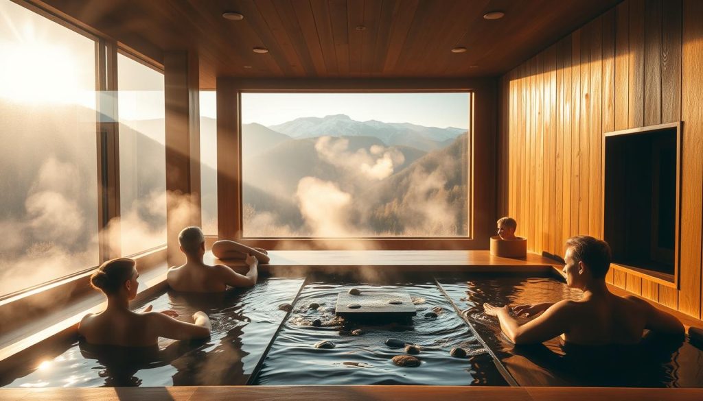 A serene, tranquil bathhouse nestled in the majestic mountains, bathed in warm, golden light filtering through large windows. Wisps of steam drift lazily, creating a soothing, therapeutic atmosphere. Smooth, polished wood panels line the walls, radiating a natural, earthy ambiance. Bathers recline on wooden benches, deeply inhaling the invigorating scent of aromatic herbs and essential oils. Gentle, rhythmic splashing as water is ladled onto heated stones, releasing calming, cleansing vapors. The surrounding landscape visible through the panoramic views, lush forests and snow-capped peaks, further enhancing the holistic, rejuvenating experience. A sanctuary of relaxation and wellness, this traditional bathhouse offers a restorative retreat from the outside world.