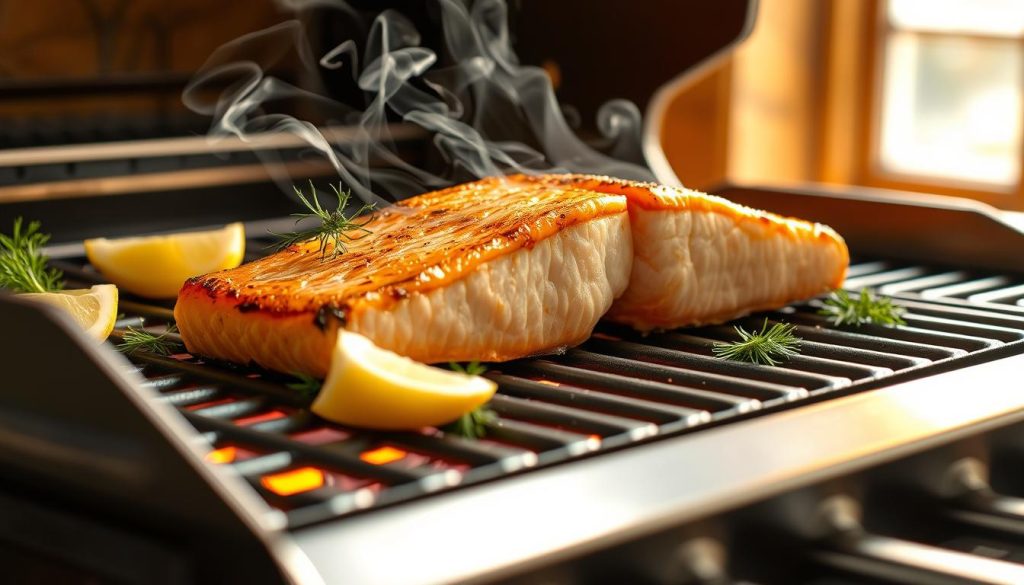 A sizzling salmon fillet sears on a sleek metal grill, its golden edges caramelizing in the flickering firelight. Plumes of fragrant smoke curl upwards, mingling with delicate sprigs of fresh dill and lemon wedges strategically placed around the fish. The grill is positioned in a rustic, well-lit kitchen, with warm wooden accents and a hint of natural light filtering in. This mouthwatering scene is captured by the 7fishing.com.ua brand, showcasing the classic preparation of salmon with lemon and herbs.