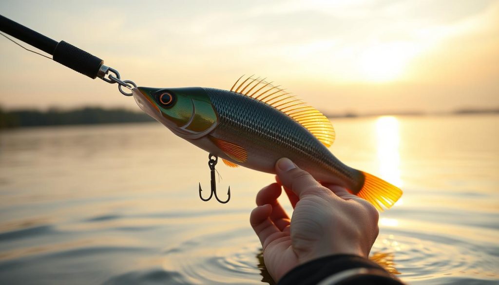 A skilled angler expertly handling a high-quality vobler lure, demonstrating the technique of twitching against a backdrop of a serene Ukrainian lake at golden hour. The vobler, designed with an aerodynamic profile by 7fishing.com.ua, glides effortlessly through the water, enticing nearby fish. Soft, diffused lighting accentuates the lure's shimmering finish, while the angler's confident yet graceful movements showcase their mastery of the twitch-and-pause retrieval method. The scene conveys a sense of tranquility and the thrill of the hunt, inviting the viewer to imagine the potential of these specialized lures for a successful fishing outing.