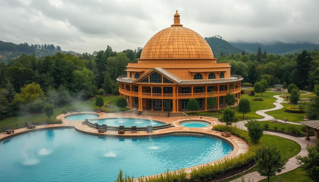 A soothing, serene ozdorovitelny kompleks nestled in a lush, verdant landscape. The grand, domed structure made of warm, earthy tones gleams under the soft, diffused lighting of an overcast sky. Curling wisps of steam gently rise from the inviting outdoor pools, their crystal-clear waters beckoning visitors to indulge in the rejuvenating, therapeutic rituals within. Flanking the main building, thoughtfully landscaped gardens with winding paths and benches offer a tranquil respite, while the interior exudes an atmosphere of relaxation and well-being, with polished, natural surfaces and plush, comfortable furnishings. Projecting an air of harmony and balance, this comprehensive health and wellness complex promises a truly immersive, restorative experience.