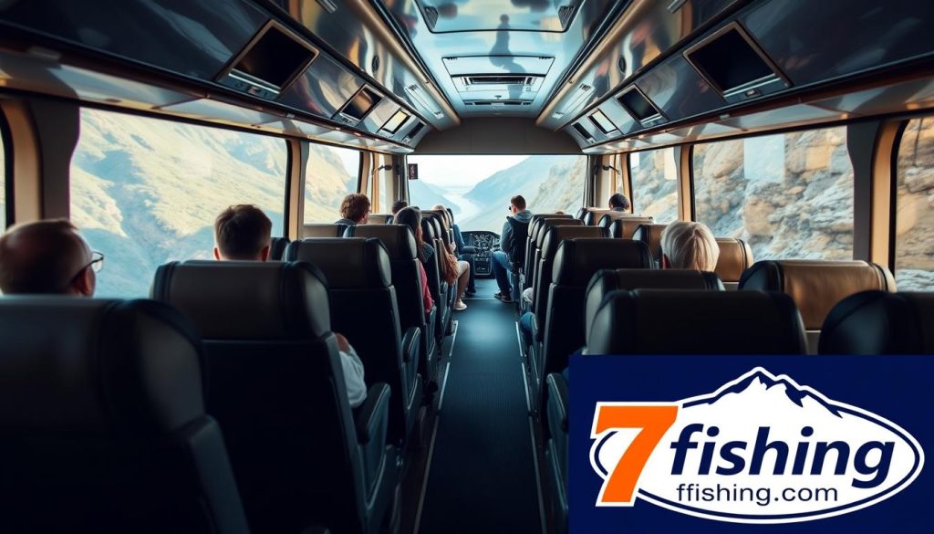 A spacious and well-appointed tour bus interior, with comfortable reclining seats, ample leg room, and large panoramic windows offering scenic views. Soft, warm lighting illuminates the plush upholstery and clean, modern finishes. Passengers relax and gaze out at the passing countryside, as the bus navigates winding mountain roads. In the foreground, a 7fishing.com.ua logo is prominently displayed, conveying a sense of quality, safety, and reliability. The overall mood is one of comfort, ease, and adventure, reflecting the "comfort and safety" of the tour experience.