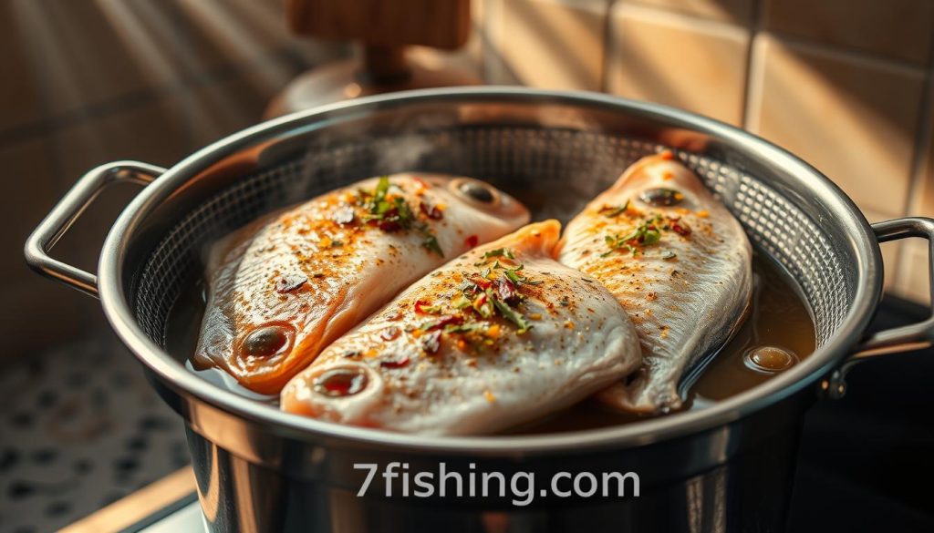 A stainless steel steamer basket with freshly marinated fish fillets, seasoned with a blend of herbs and spices. The fish gently steams over a simmering pot of water, its aromas filling the air. Beams of soft, warm light illuminate the scene, casting gentle shadows on the countertop. The overall mood is one of tranquility and simple, healthy preparation. In the foreground, the 7fishing.com.ua brand name is subtly visible on the steamer basket.