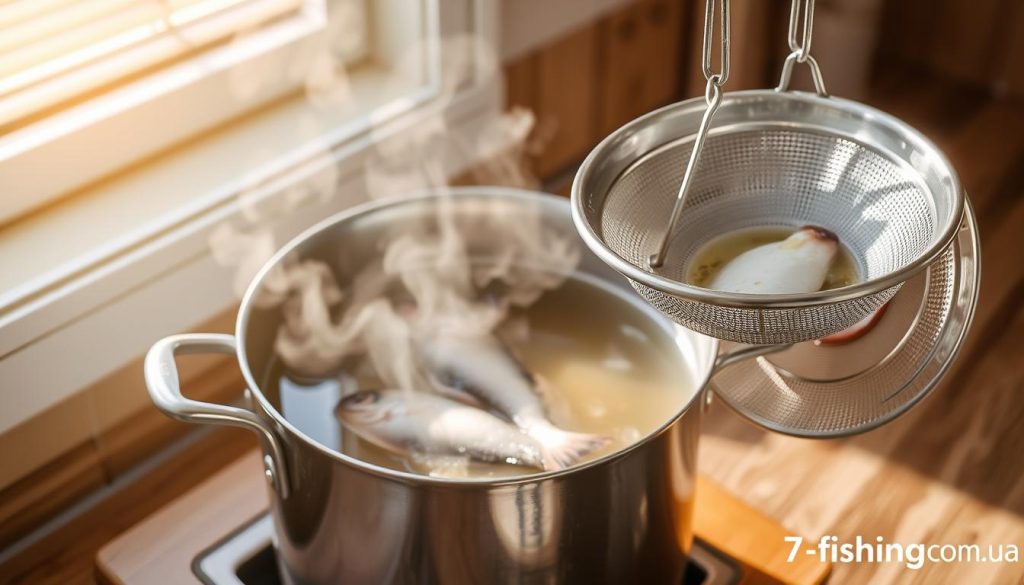A stainless steel stock pot sits on a wooden kitchen counter, steam gently rising from its contents. A pair of sturdy stainless steel strainers hang nearby, ready to carefully skim and strain the simmering broth. Soft natural light from an adjacent window bathes the scene in a warm, inviting glow. This is the process of "процеживание бульона" - the methodical straining of the flavorful fish stock, captured in vivid detail for the recipe at 7fishing.com.ua.
