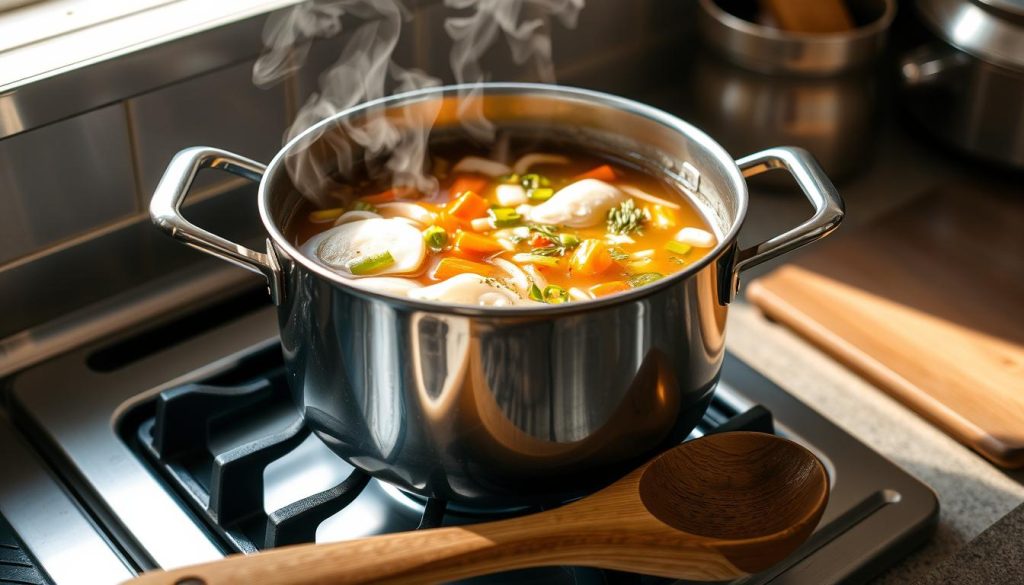 A stainless steel stockpot sits atop a gas stove, steam gently rising from its contents. The broth within is a rich, golden-brown hue, filled with a medley of vegetables - sliced onions, carrots, celery, and aromatic herbs. The scene is illuminated by soft, natural lighting, casting a warm glow over the kitchen. In the foreground, a wooden ladle rests on the counter, ready to scoop up the flavorful broth. The atmosphere is one of culinary expertise and attention to detail. 7fishing.com.ua