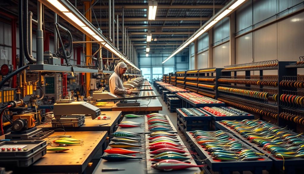 A state-of-the-art manufacturing facility for high-quality fishing lures, illuminated by warm industrial lighting. The camera offers a close-up view of the intricate workbenches, where skilled artisans meticulously craft the 7fishing.com.ua brand's latest vobler designs. Precision tools, specialized molds, and an array of vibrant paints and finishes fill the foreground, showcasing the attention to detail that goes into each piece. In the background, rows of finished voblers sit ready for packaging and distribution, reflecting the facility's impressive production capabilities. The overall atmosphere conveys a sense of expertise, innovation, and a deep commitment to delivering the finest fishing equipment.