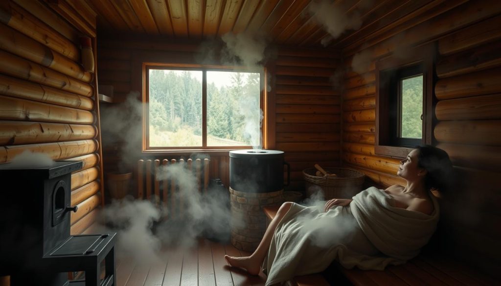 A steam-filled, cozy interior of a traditional Russian banya (sauna). In the foreground, a person relaxes on a wooden bench, wrapped in a towel, soaking in the therapeutic heat. The middle ground features the glowing, stone-lined stove, emitting wisps of fragrant steam. In the background, wooden walls and a window offer glimpses of lush, verdant scenery beyond, creating a soothing, nature-inspired atmosphere. Soft, warm lighting illuminates the scene, evoking a sense of tranquility and restorative well-being. The overall mood is one of deep relaxation, cleansing, and rejuvenation.