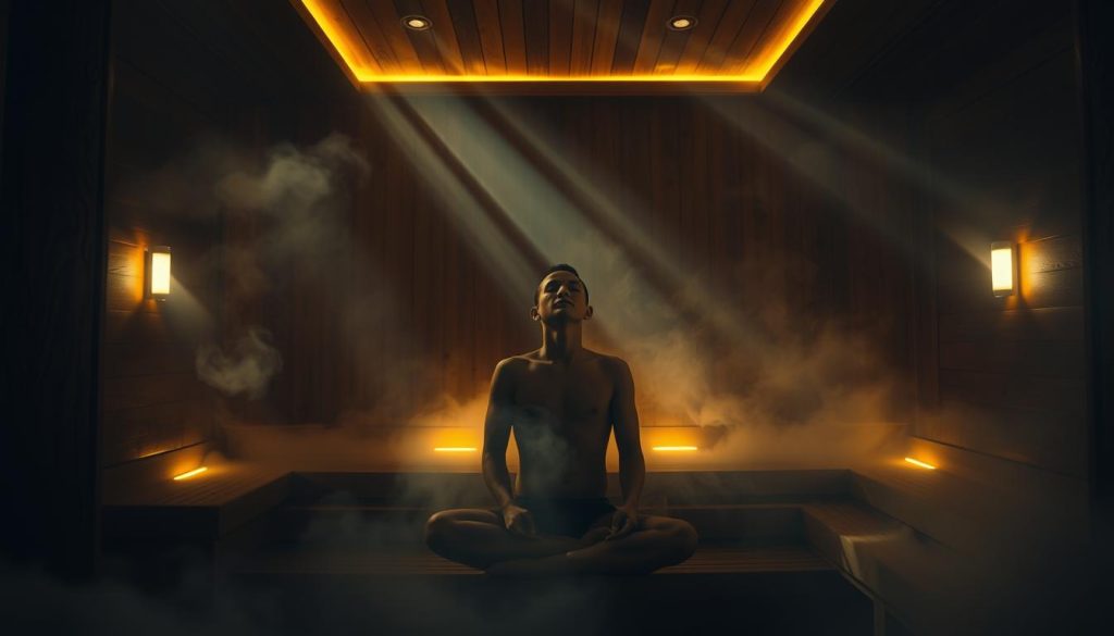 A steam-filled sauna interior, dimly lit with golden accent lighting. In the foreground, a person sitting on a wooden bench, eyes closed, hands resting on their lap, deeply immersed in a meditative ritual. Shafts of light filter through the steam, creating a hazy, ethereal atmosphere. Intricate wood carvings adorn the walls, reflecting the ancient traditions of sauna bathing. The ambient sounds of gently sizzling water on hot stones and the gentle hiss of steam create a calming, restorative ambiance. The scene conveys a sense of tranquility, healing, and the timeless connection between mind, body, and spirit.