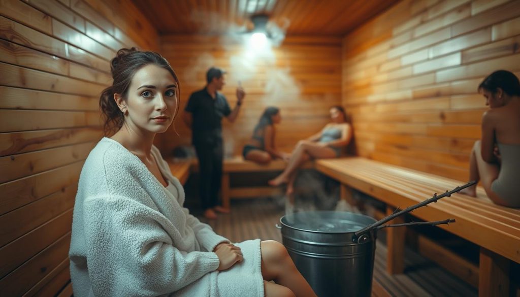 A steam-filled sauna interior, the wooden walls and benches aglow with a warm, amber hue. In the foreground, a woman sits calmly, wrapped in a fluffy white towel, her face reflecting a serene expression as she prepares to engage in a traditional Russian banya ritual. The middle ground features a bucket of water and a bundle of aromatic birch branches, ready to be used for invigorating gentle beatings. In the background, the subtle silhouettes of other bathers can be seen relaxing and socializing, creating a sense of community and wellness. The lighting is soft and diffused, casting a calming, therapeutic atmosphere throughout the space.