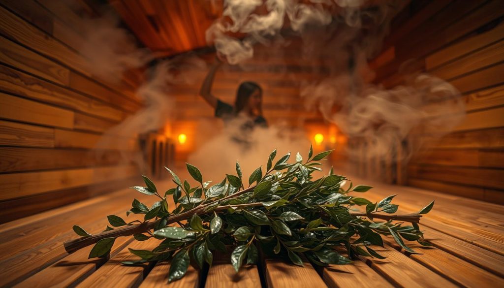 A steam-filled sauna, the air thick with the scent of birch and eucalyptus. In the foreground, a bundle of freshly cut birch branches, known as a "veník," lies on the wooden bench, its leaves glistening with condensation. The veník's natural, earthy tones contrast with the warm, amber-hued lighting that casts a soft glow throughout the room. In the middle ground, the silhouette of a person can be seen gently swaying the veník, infusing the air with the invigorating aroma. The background reveals the intricate patterns of the wooden walls and ceiling, creating a cozy and intimate atmosphere that invites relaxation and rejuvenation.