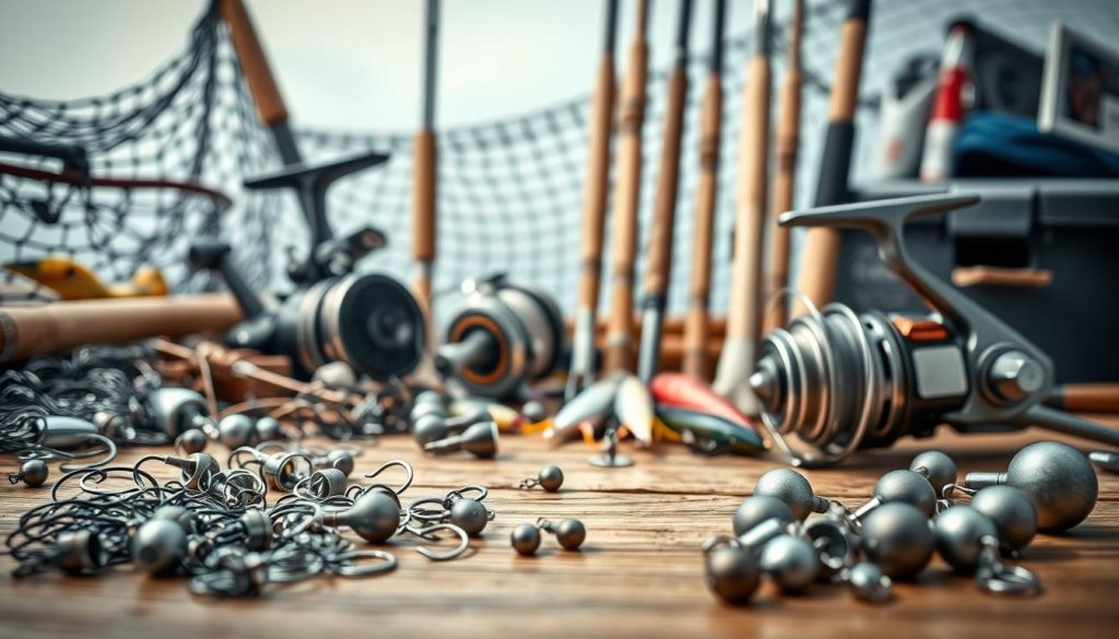 A still life composition depicting an assortment of high-quality fishing tackle for sea trout fishing. In the foreground, various hooks, swivels, and sinkers are arranged neatly on a wooden surface. In the middle ground, a selection of sleek, modern spinning reels and rods in neutral tones stand upright, ready for action. In the background, a net, a tackle box, and some lures hint at the seaside setting. The lighting is soft and natural, highlighting the textures and details of the equipment. The overall mood is one of preparedness and anticipation, capturing the essence of the "Выбор снастей и приманок для успешной рыбалки" section. 7fishing.com.ua