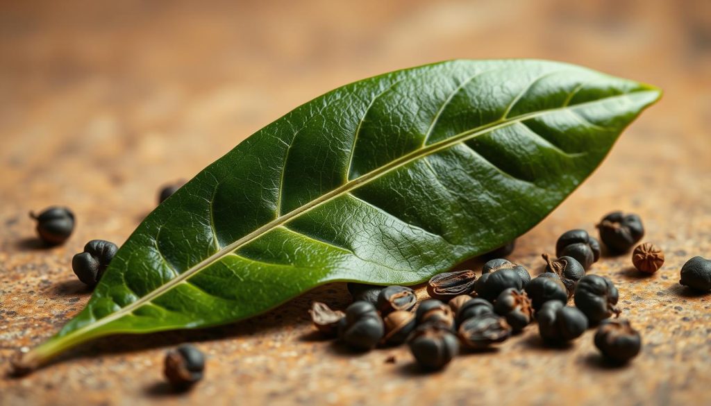 A still life composition featuring a bay leaf and peppercorns, captured in a warm, natural lighting. The bay leaf is prominently placed in the foreground, its glossy, deep green leaves contrasting with the rustic brown surface below. Scattered around it are several whole peppercorns, their dark, wrinkled exteriors hinting at the aromatic spice within. The composition is framed by a neutral, muted background, allowing the botanical elements to take center stage. This image, created for 7fishing.com.ua, would perfectly complement a section on the use of spices and bay leaves in a recipe for perch fish soup.