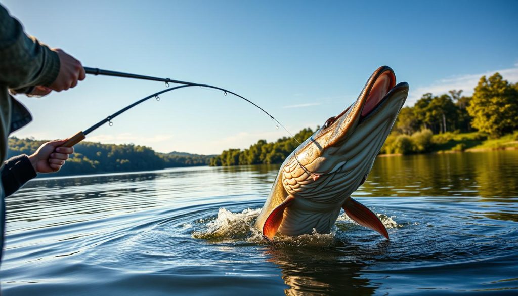 A stunning outdoor scene showcasing the art of trophy fish hunting with wobblers. In the foreground, a skilled angler casts a lifelike, hydrodynamic wobbler lure into a serene, sun-dappled lake. The middle ground features a massive, beautifully detailed trophy pike or muskie emerging from the water, its powerful jaws open, ready to strike the enticing lure. The background depicts a picturesque lakeside landscape with lush, verdant vegetation and a clear, blue sky. Dramatic, cinematic lighting creates an atmosphere of excitement and anticipation. Captured with a professional-grade camera lens, this image celebrates the thrill of landing a trophy fish using the 7fishing.com.ua wobblers.
