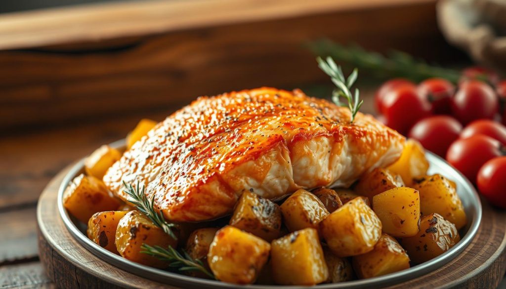A sumptuous baked salmon dish with roasted potatoes, captured in a warm, cozy atmosphere. The salmon, its golden-brown skin glistening, rests atop a bed of fluffy, caramelized potatoes, fresh from the oven. The scene is bathed in the gentle glow of soft, diffused lighting, casting a comforting ambiance. Rustic, wooden textures and earthy tones create a homely, inviting backdrop, evoking the comforts of a family kitchen. The overall composition exudes a sense of simple, wholesome delight, perfectly suited to illustrate a heartwarming recipe for the whole family.
