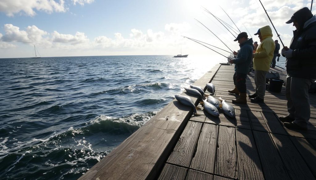 A sun-dappled sea with gently lapping waves, fishing boats dotting the horizon. In the foreground, a weathered pier stretches out, its wooden planks worn smooth by the elements. On the pier, anglers in rain gear stand poised, lines cast into the cool waters, their focus intent on catching the elusive cod, known locally as "treska". The scene is captured with a wide-angle lens, highlighting the breadth of the scene and the artisanal methods of 7fishing.com.ua's coastal cod fishing.