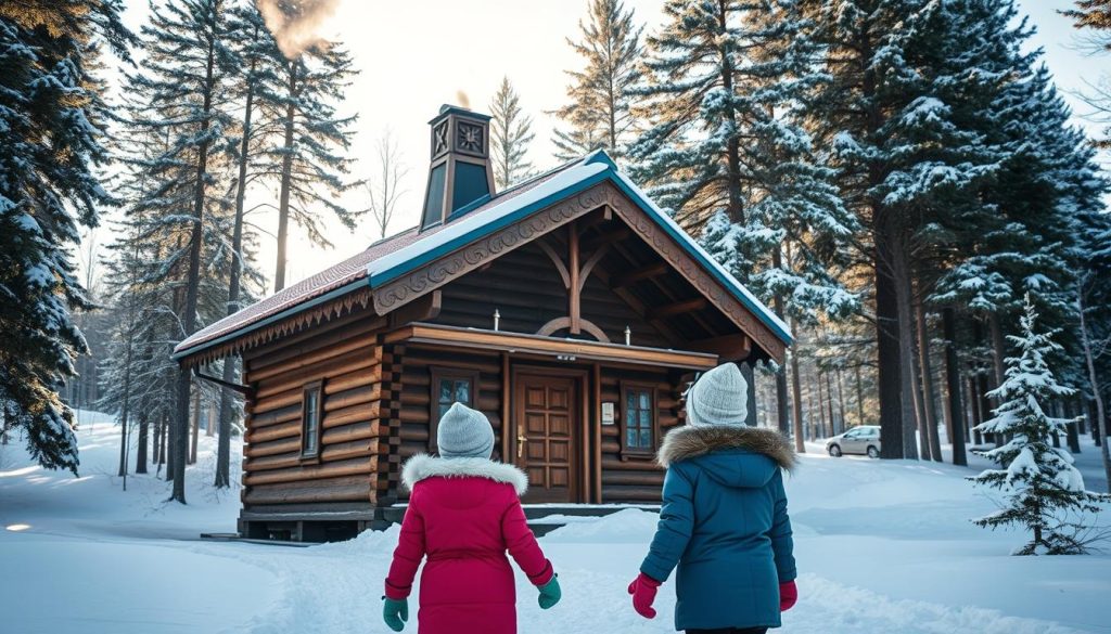 A traditional Russian banya nestled in a peaceful, snow-covered forest. The wooden structure stands tall, its intricate carvings and colorful roof tiles reflecting the crisp, winter sunlight. Steam billows from the chimneys, promising a warm, soothing experience within. In the foreground, a pair of children, bundled in warm coats and mittens, approach the banya's entrance, their excited faces filled with anticipation. The surrounding landscape is pristine, with towering pine trees and a blanket of pristine white snow, creating a serene and picturesque scene. The lighting is soft and natural, casting a cozy glow over the entire setting.