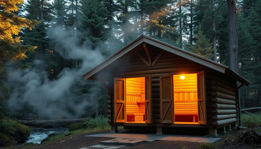 A traditional Russian banya nestled in a serene forest clearing, the steam rising into the cool air. The wooden structure has an inviting, rustic charm, with a barrel-vaulted roof and a charming veranda. The interior is visible through open doorways, revealing the warm, glowing tiles of the sauna and the wooden benches where bathers relax. Shafts of soft, golden light filter through the windows, creating a cozy, atmospheric ambiance. The surrounding landscape is lush and verdant, with towering pine trees and a tranquil stream nearby, conveying a sense of natural healing and wellness.