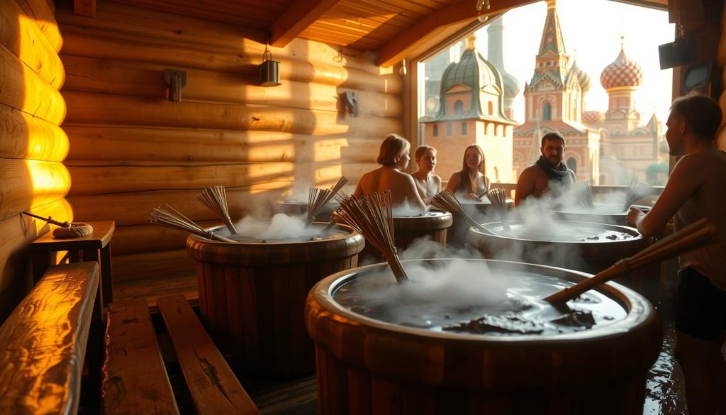 A traditional Russian banya with steaming hot stones, wooden benches, and birch branch whisks. Warm, golden lighting casts a cozy glow, highlighting the natural wood textures. In the foreground, a group of friends enjoy the ritual, chatting and relaxing. In the background, glimpses of an ornate, historic structure with onion domes, reflecting the centuries-old cultural heritage. The scene evokes a sense of timeless tradition, community, and the restorative power of this time-honored practice.