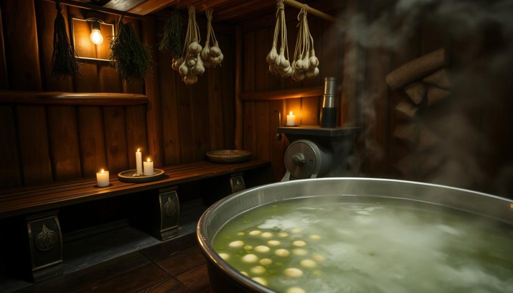 A traditional Russian bathhouse (banya) interior, with a wooden bench and a large metal tub filled with a fragrant garlic-infused herbal infusion, steam rising from the surface. The tub is positioned near a wood-fired stove, casting a warm, golden glow throughout the space. Bundles of dried herbs and garlic cloves hang from the ceiling, adding to the rustic, wellness-focused atmosphere. The lighting is dim, with only a few candles providing a soft, ambient illumination. The scene conveys a sense of relaxation, purification, and ancient healing traditions.