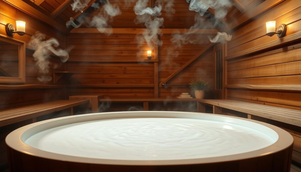 A traditional Russian bathhouse with a wooden interior, steam-filled air, and a large, inviting milk bath taking center stage. The bath is filled with a creamy, opulent white liquid, its surface gently rippling. Soft, diffused lighting casts a warm, soothing glow throughout the space, creating an atmosphere of relaxation and rejuvenation. Curls of fragrant steam rise from the bath, hinting at the therapeutic properties of the milk. The scene exudes a sense of tranquility and wellness, perfectly capturing the essence of the "Бани с молочными ваннами: отдых и оздоровление" article.