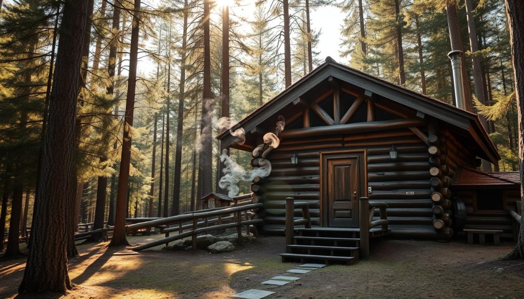 A traditional Russian wooden bathhouse nestled in a serene forest clearing, the sunlight filtering through the trees and casting a warm, golden glow on the intricate log structure. Curls of fragrant steam rise from the entrance, beckoning visitors to experience the ancient ritual of purification and rejuvenation. The scene evokes a sense of timeless tradition, where the simple act of bathing becomes a pathway to physical and spiritual wellness, a timeless practice passed down through generations. The bathhouse stands as a testament to the enduring power of this revered tradition, a place where the body and mind are revitalized in the embrace of nature.