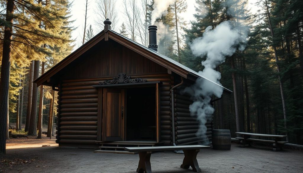 A traditional Russian wooden bathhouse, or "banya", nestled in a serene forest clearing. The structure features a gabled roof and ornate carved details, exuding an aura of rustic elegance. Wisps of fragrant steam billow from the chimney, inviting visitors to experience the restorative powers of the banya's hot, humid air. Soft natural light filters through the trees, casting a warm, golden glow over the scene. In the foreground, a wooden bench and barrel of water stand ready for bathers to immerse themselves in the ritual of cleansing and rejuvenation. The atmosphere is one of tranquility and timeless tradition, capturing the essence of the banya's therapeutic benefits.
