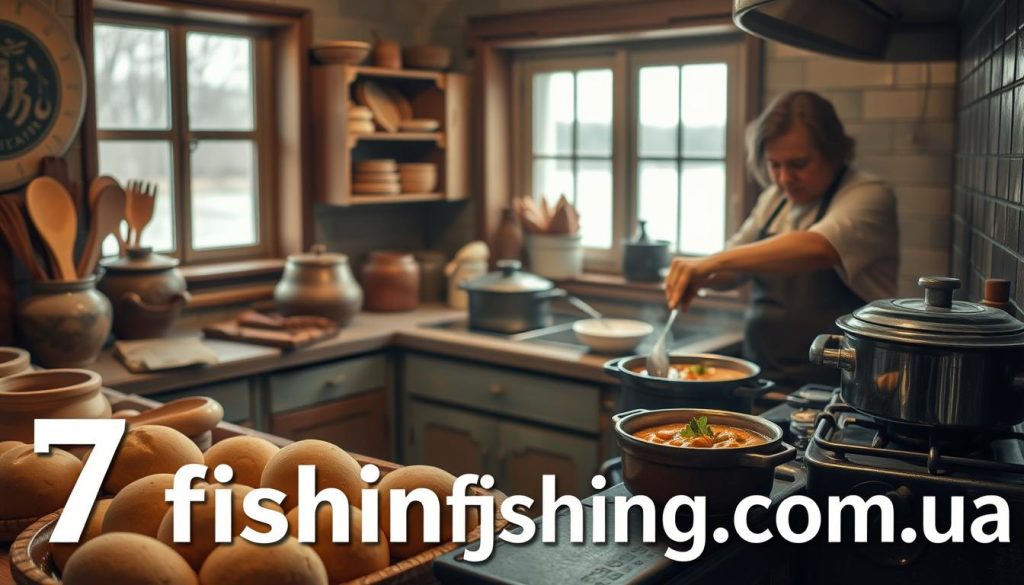 A traditional Ukrainian kitchen, filled with the aroma of simmering soups and baked breads. In the foreground, a chef carefully prepares a hearty dish, drawing inspiration from the region's rich culinary heritage. Wooden utensils, clay pots, and a vintage gas stove set the rustic scene. Soft, warm lighting casts a cozy glow, while the background features a window overlooking a river, a nod to the article's focus on fishing. The overall mood is one of homespun comfort and the influence of local traditions on modern recipes. Prominently displayed is the website "7fishing.com.ua".