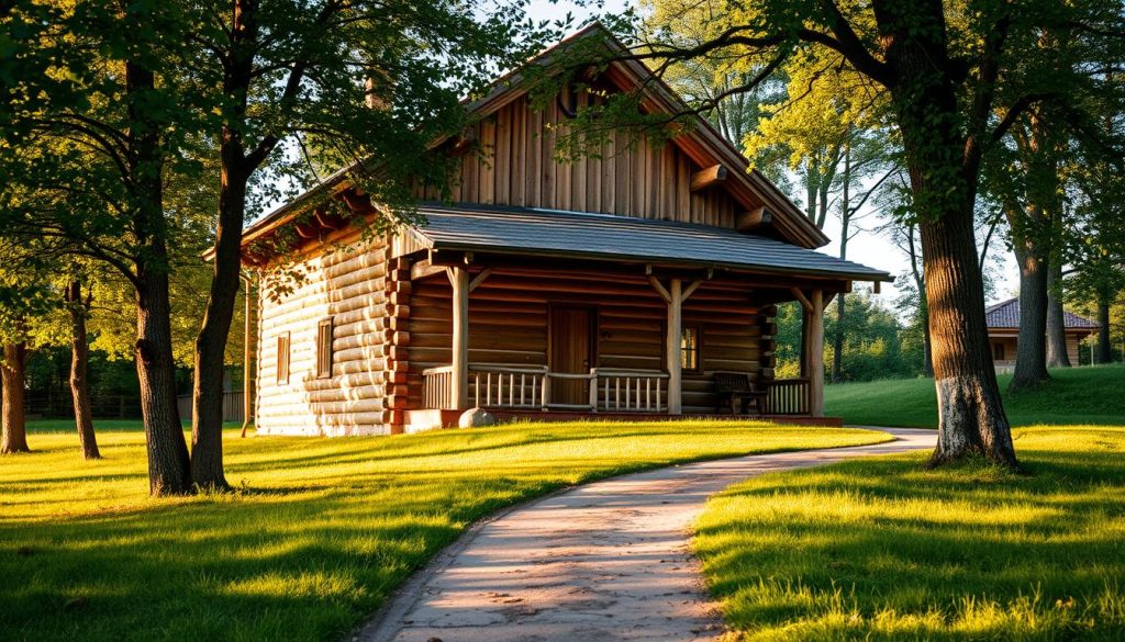 A traditional Ukrainian wooden bathhouse, or "baня", nestled in a tranquil countryside setting. Sunlight filters through the trees, casting warm, golden hues on the rustic exterior. The building's intricate log construction and pitched roof evoke a sense of timeless, rustic charm. In the foreground, a well-worn path leads visitors towards the entrance, inviting them to experience the restorative rituals of this beloved cultural institution. The serene atmosphere and verdant surroundings suggest the relaxation and rejuvenation that await within, reflecting the enduring popularity of the "banya" experience in Ukraine.