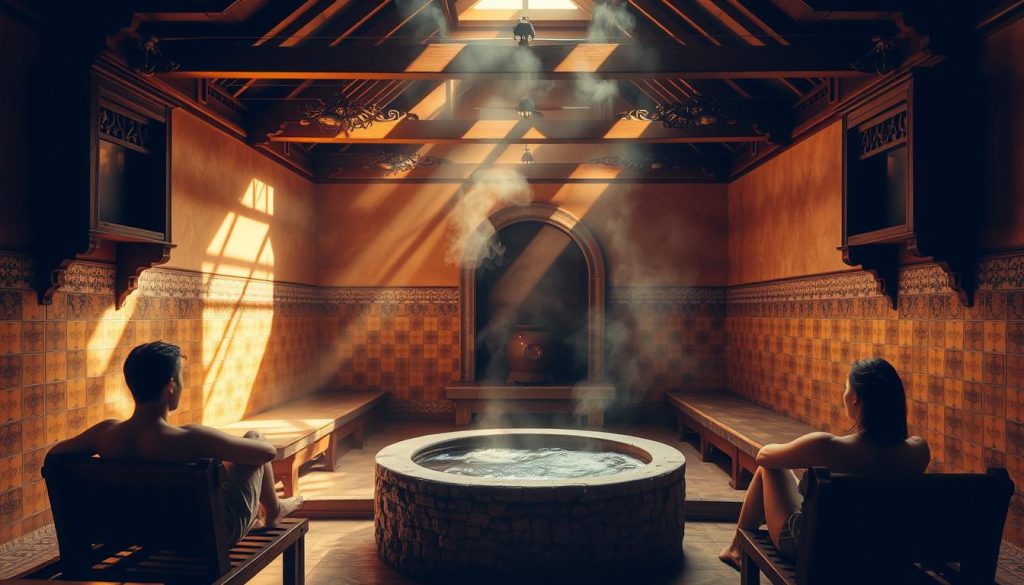 A tranquil bathhouse interior bathed in warm, golden light. In the foreground, two people relax on wooden benches, their faces reflecting the steam rising from a central stove. In the middle ground, a large stone tub filled with hot water, its surface gently rippling. Ornate tile patterns line the walls, creating a sense of timeless, traditional elegance. Wooden beams and intricate carvings adorn the ceiling, casting intricate shadows. The atmosphere is one of serene, restorative calm, inviting the viewer to imagine the rejuvenating effects of these time-honored bathing rituals.