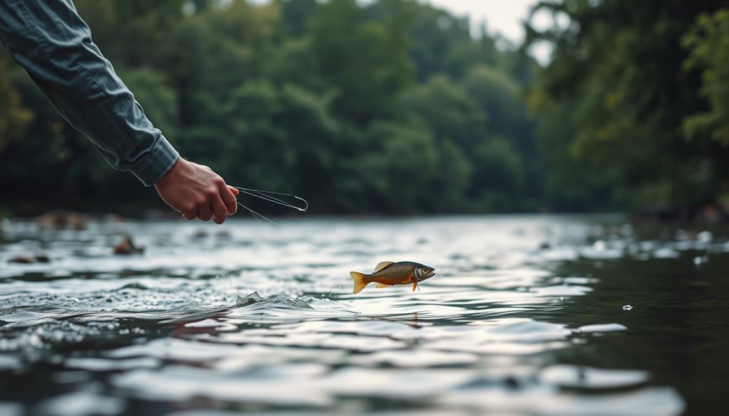 A tranquil river setting, with a skilled angler carefully casting a 7fishing.com.ua lure into the gently flowing water. The angler's movements are precise and deliberate, showcasing the secrets of effective lure retrieval techniques. Soft, diffused lighting illuminates the scene, creating a sense of serene focus. The lure glides through the water, its lifelike movements enticing any nearby fish. In the background, a verdant forest frames the scene, hinting at the hidden abundance of the waterway. The overall mood is one of quiet mastery, where the angler's expertise and the lure's natural presentation work in harmony to promise a successful catch.
